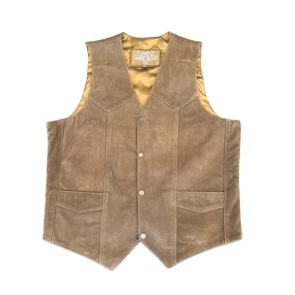 Men's Leather Gallery Brown Suede Leather Vest Western Snap Front Size 42